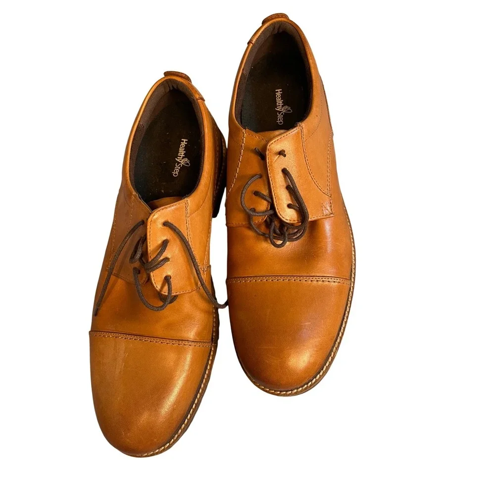 Healthy Step Mens Leather Cap Toe Oxford Dress Shoes Brown Lace Up Size 11.5